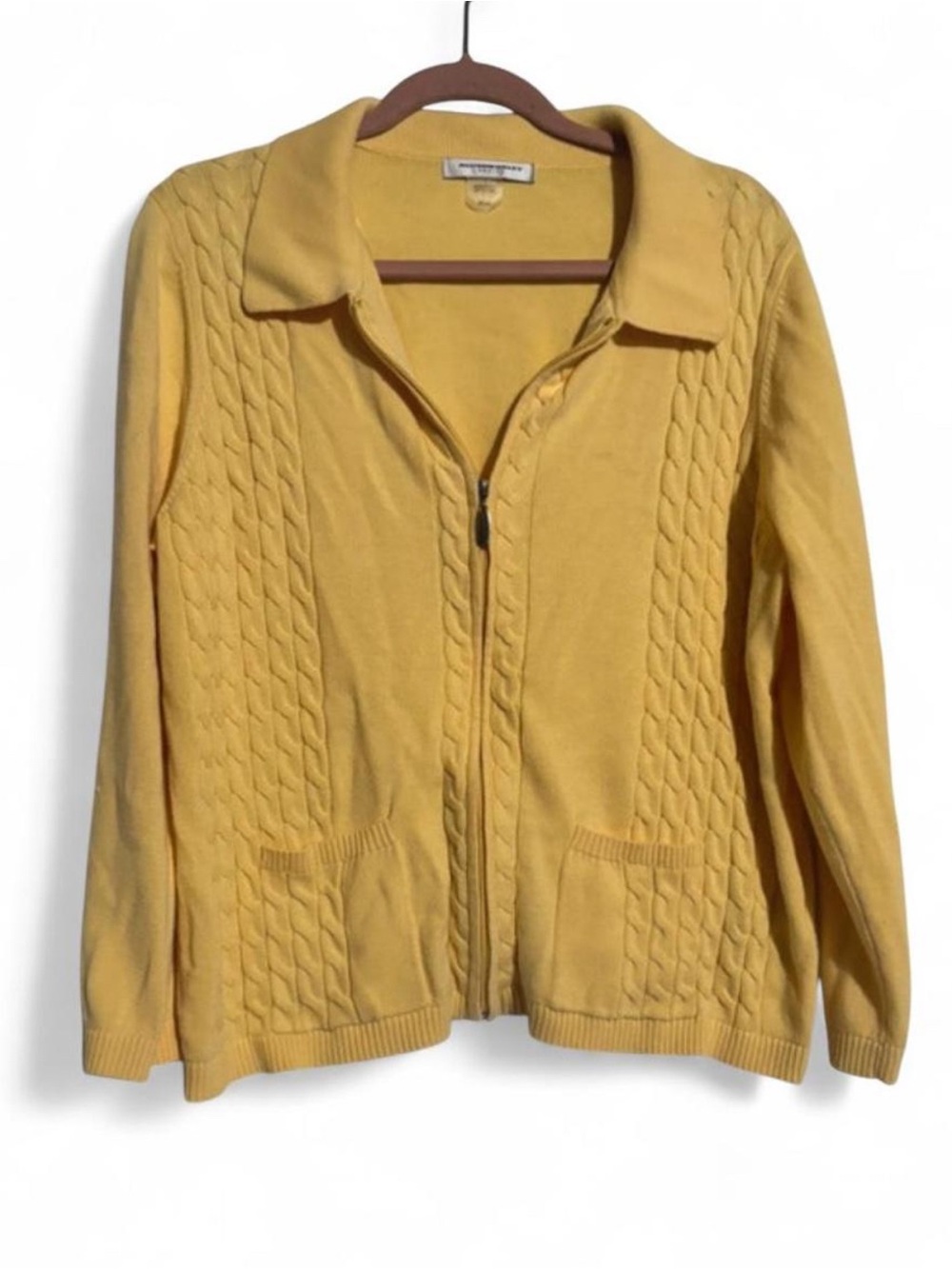 Vintage Allison Daley Yellow Cable Knit Zip Up Cardigan Sweater Petite Large PL